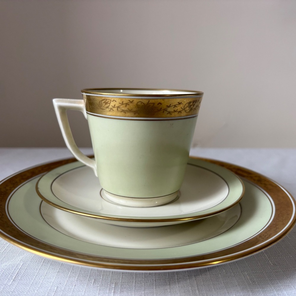 Royal Copenhagen Denmark Dagmar Green & Gold Encrusted Trio Cup Saucer Plate